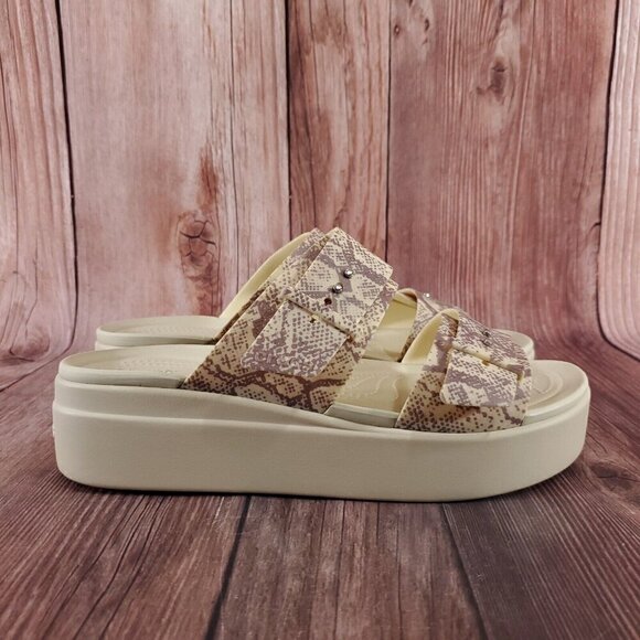 Crocs LiteRide Womens Sz 11 Brooklyn Snake Print Buckle Low Wedge Slides Sandals - Picture 3 of 15